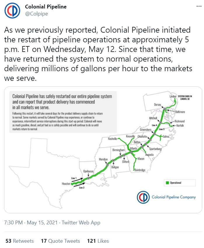 Colonial Pipeline Tweet