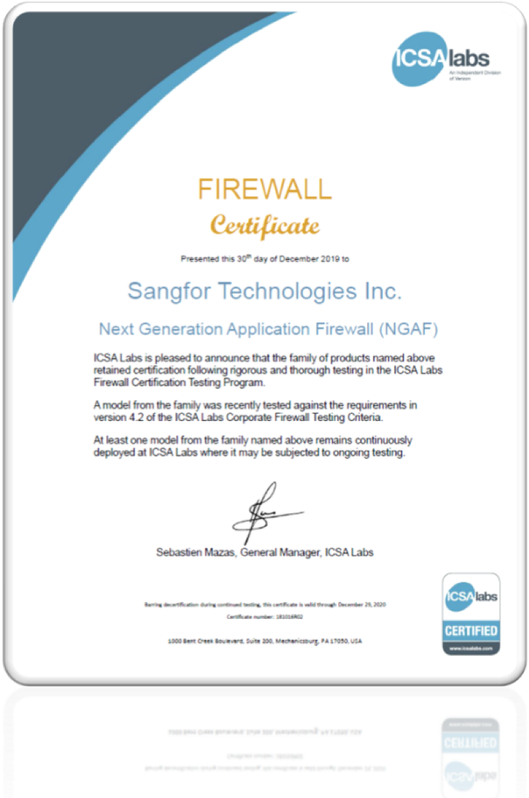 Tested and Proven for Total Security Sangfor NGAF Endorsed by ICSA Labs in 2020 2