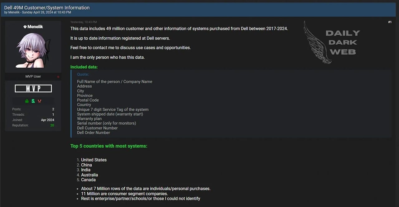 Dell data breach: Dell customer data being sold on Breach Forums