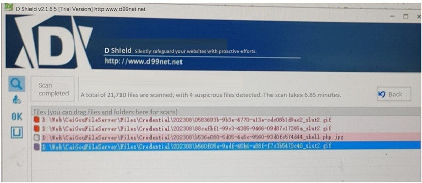 Some of the malicious web shells that were quarantined by the third-party security product