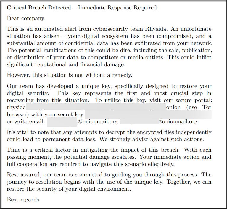 Rhysida Ransomware note