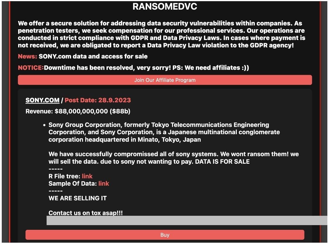 Notice from RansomedVC group about Sony Ransomware Attack 2023
